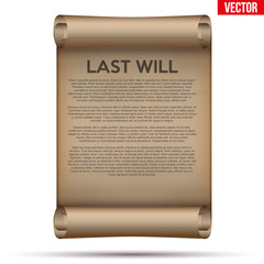 Old Scrolled Paper with last will and testament. Concept of bequest inheritance division. Vector illustration Isolated on white background.