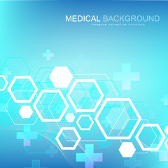 Abstract medical background DNA research, molecule, genetics, genome, DNA chain. Genetic analysis art concept with hexagons, lines, dots. Biotechnology network concept molecule, vector illustration