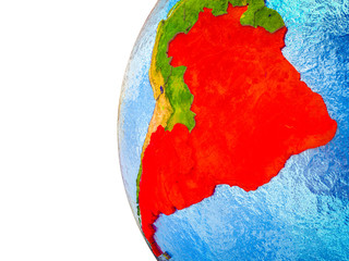 Mercosur memebers highlighted on 3D Earth with visible countries and watery oceans.