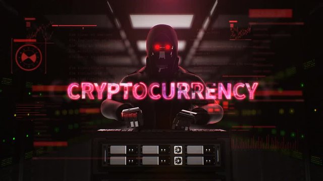 Robot, Cyborg Hacker working on a server computer with typo 'CRYPTO CURRENCY' Security artificial intelligence, 4K animation.