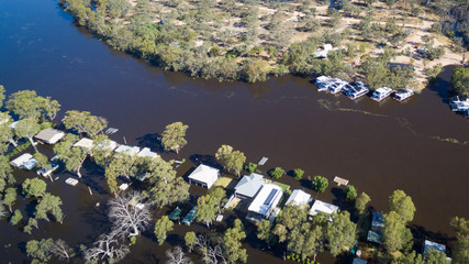 Oblique Aerial view of the Murray River at Morgan in South Australia in flood in December 2016