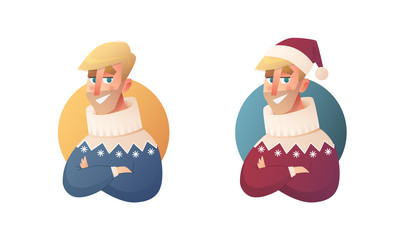 Handsome flat design set template with vector hipster scandinavian manin winter clothes in cartoon style. Christmas banner elements.