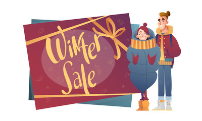 Girl and boy in winter clothes in cartoon style with banner about the sale. Beautiful vector flat design set template. Christmas flyer elements.