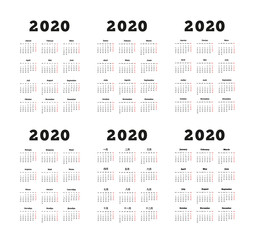 Set of 2020 year simple vertical calendars on different languages like english, german, russian, french, spanish and chinese, isolated on white