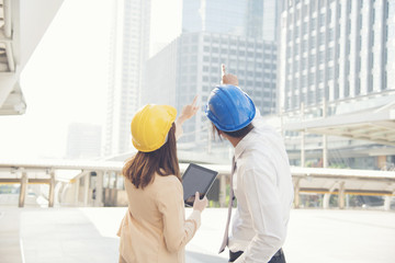 Business teamwork discussing on site. Interior design consulting with building contractor. Engineering Concept.