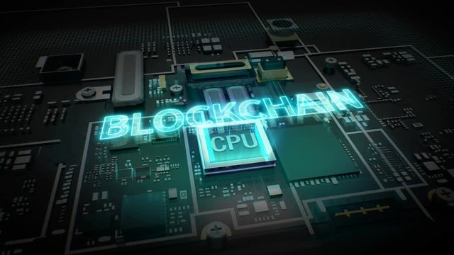 Hologram typo 'Block chain' on CPU chip circuit, grow Financial technology. 4k animation.
