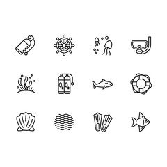 Simple set diving, snorkeling, swimming, sailing in sea vector line icon. Contains such icon equipment for scuba diving, snorkeling, underwater swim, fish, shark, oxygen cylinder, aqualung and other.