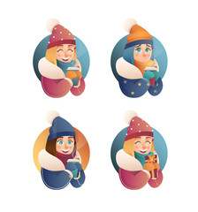 Beautiful flat vector girl in winter clothes in flat cartoon style holds thermal mug with hot drink. Christmas banner elements. Beauty woman.