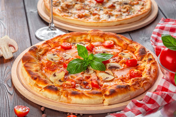 Delicious fresh pizza served on wooden table