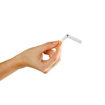 Hand holding a broken cigarette. Close up. Isolated on white background