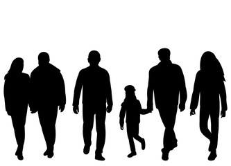 vector, on white background, black silhouette of walking people with shadow