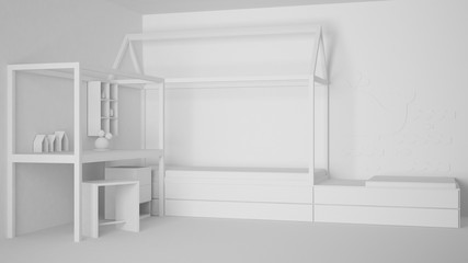 Total white project of children bedroom with single bed and desk, minimalist architecture interior design