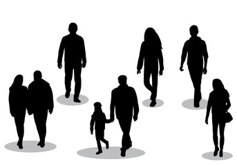 vector, on white background, black silhouette of walking people with shadow