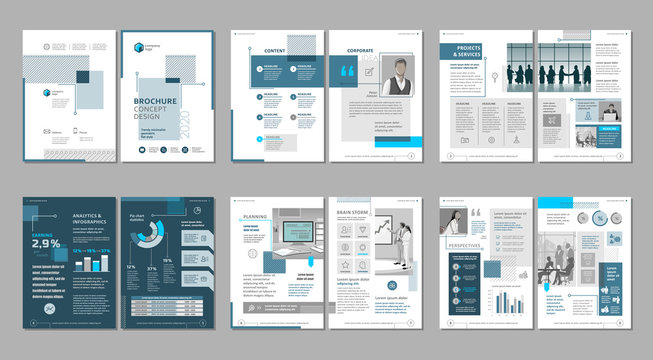 Brochure creative design. Multipurpose template with cover, back and inside pages. Trendy minimalist flat geometric design. Vertical a4 format.