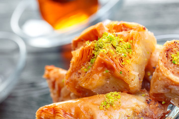 Traditional Baklava on Wooden Table