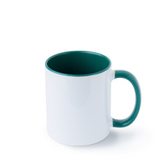 White mug with a green handle on a white background. 