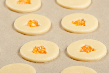 Raw Crystal Cookies In Baking Tray. Sugar Cookies Dough.