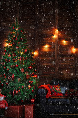 a Christmas tree decorated with toys ornaments beads red garland on the wooden brown wall in the dark sofa with pillows