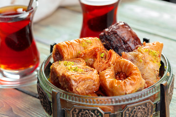 Traditional Baklava on Wooden Table
