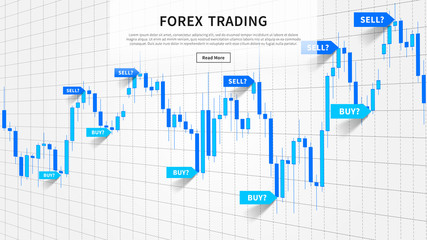 Japanese candle stick chart with buy and sell indices (pointers, markers) vector illustration. Web banner for financial projects.