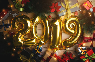 2019 Golden Balloon Between Christmas Decoration. Top View