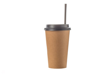 Take out coffee in brown thermo cup with black drinking straw isolated on a white background.