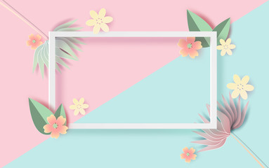 Paper art and craft of Floral rectangle frame with place for text. Spring season with flowers of pastel sweet tone color.Lovely flowers with colorful frame.vector illustration