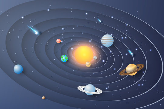 Paper art of Solar system circle background.The planets are rotating around the sun.The galaxy is full of stars.vector,illustration