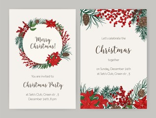 Set of Christmas flyer or party invitation templates decorated with coniferous tree branches and cones, holly leaves and berries, poinsettia. Vector illustration for celebratory event announcement. - Powered by Adobe