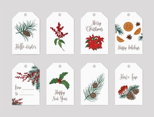 Collection of Christmas label or tag templates decorated with seasonal plants - coniferous tree branches and cones, holly berries and leaves, poinsettia, oranges and star anise. Vector illustration.