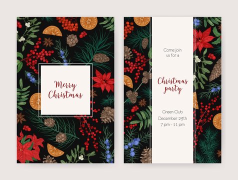 Bundle of Christmas flyer, card or party invitation templates decorated with hand drawn seasonal plants. Holiday vector illustration in elegant realistic style for event announcement or promotion.