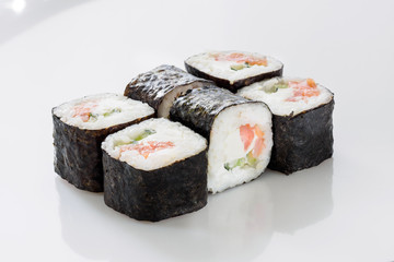 Japanes seafood sushi rolls isolated on white background.