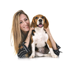 puppy beagle and woman