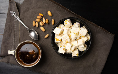 Turkish coffee and delight dessert with pistachio