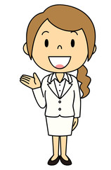 女性　OL　事務員　ご案内　立ち姿　白いスーツ