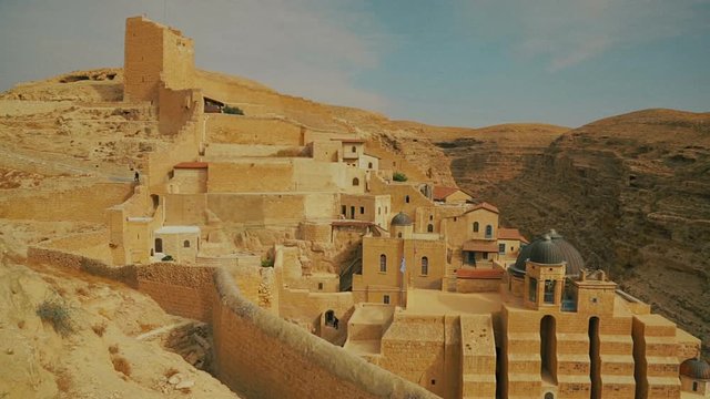 View on Greek Orthodox monastery Great Lavra (monastery) of St. Sabbas the Sanctified (Mar Saba) in Judean desert. Palestine, cca. 2015