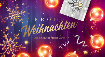 Naklejka premium Frohe Weihnachten und ein gutes neues Jahr Vector Card. Merry Christmas and Happy New Year in German. Xmas Poster Template with Frame, Black Gift Box, Ribbon, Christmas Lights, Golden Glittering Star.