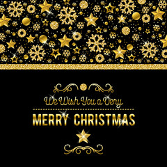 Black christmas card with golden glittering snowflakes and stars, vector illustration