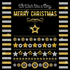 Black christmas card with golden and silver glittering snowflakes and stars, vector illustration