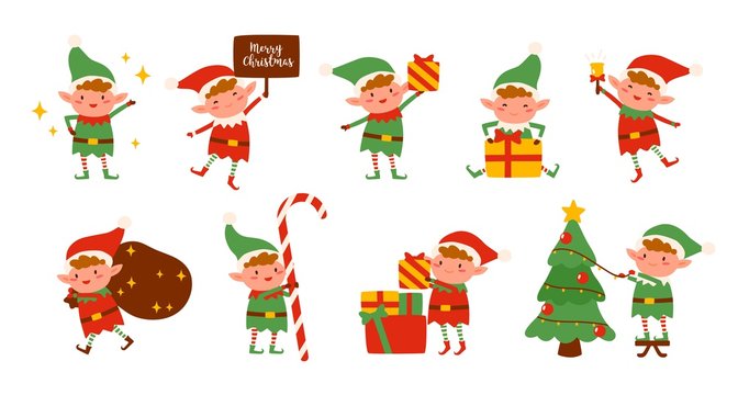 Collection of Christmas elves isolated on white background. Bundle of little Santa's helpers holding holiday gifts and decorations. Set of adorable cartoon characters. Flat vector illustration.