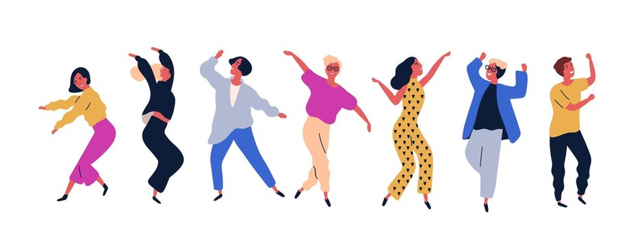 Group of young happy dancing people or male and female dancers isolated on white background. Smiling young men and women enjoying dance party. Colorful vector illustration in flat cartoon style.