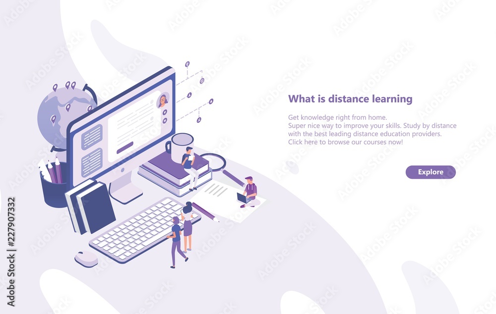 Poster Horizontal web banner template with tiny people standing in front of giant computer and looking at screen. Distance learning, online studying, internet education. Modern isometric vector illustration.