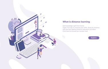 Horizontal web banner template with tiny people standing in front of giant computer and looking at screen. Distance learning, online studying, internet education. Modern isometric vector illustration.