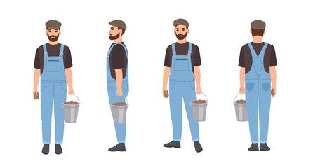 Bearded farmer isolated on white background. Agricultural worker wearing dungarees and cap, carrying bucket full of harvested potatoes. Front, back and side views. Flat cartoon vector illustration.