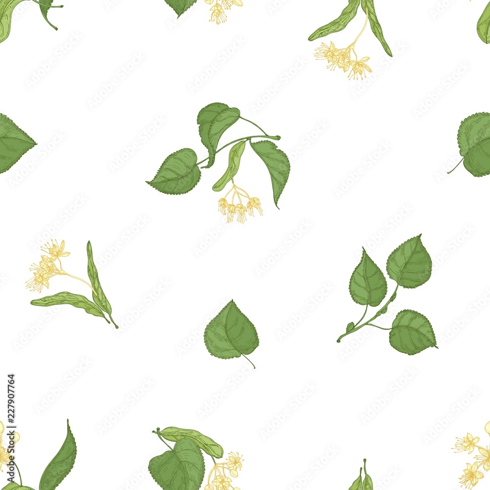 Poster elegant seamless pattern with linden leaves and blooming flowers on white background. backdrop with 