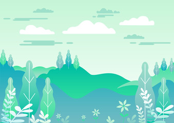 Village landscape in trendy flat and linear style vector illustration. Mountains and hills, flowers and trees, abstract background with copy space for header images for websites, banners, covers