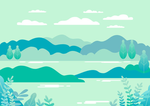 Village landscape in trendy flat and linear style vector illustration. Mountains and hills, lake, flowers and trees, abstract background with copy space for header images for websites, banners, covers