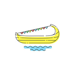 Modern linear boat logo. Portuguese style boat flat design illustration. Decorated by multi colored flags garland. EPS 10