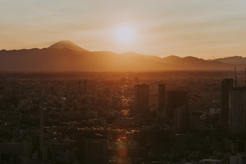 Tokyo skyline and buildings from above, view of the Tokyo prefecture with fuji mount in the background