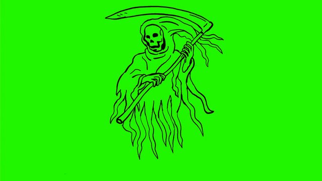 2d Animation motion graphics showing a drawing of the evil grim reaper or death with scythe and torn hood on white and green screen with alpha matte in HD high definition.